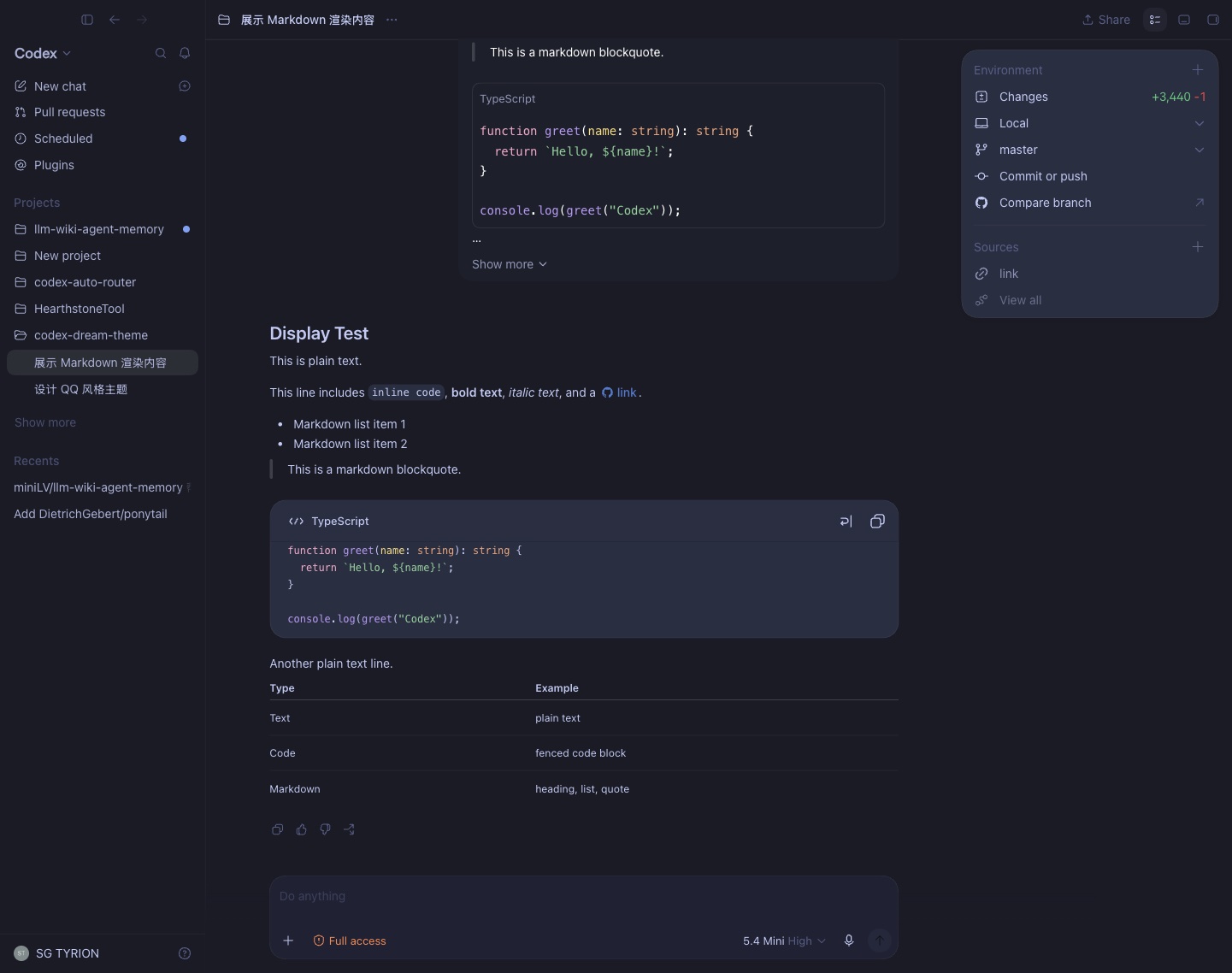 Tokyo Night theme in Codex