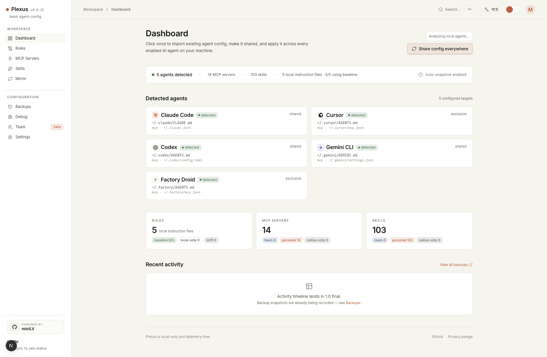 Plexus dashboard showing detected agents