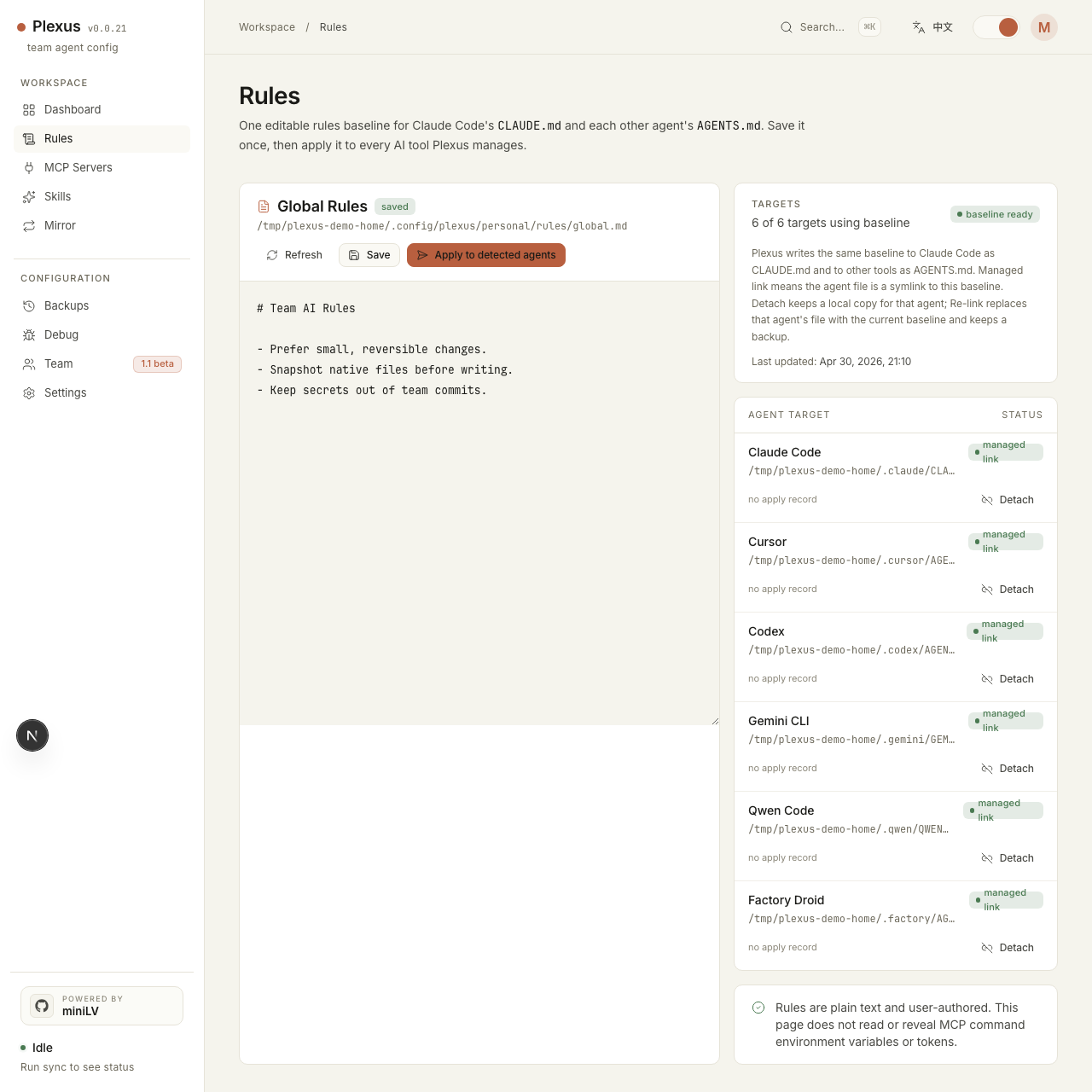 Plexus rules page showing one baseline projected into different agent instruction files