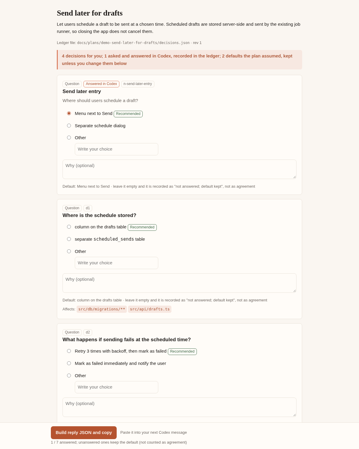 Screenshot of the decision page: one card per decision with options, a Recommended badge, the default and the affected files, and a button that builds the reply JSON.