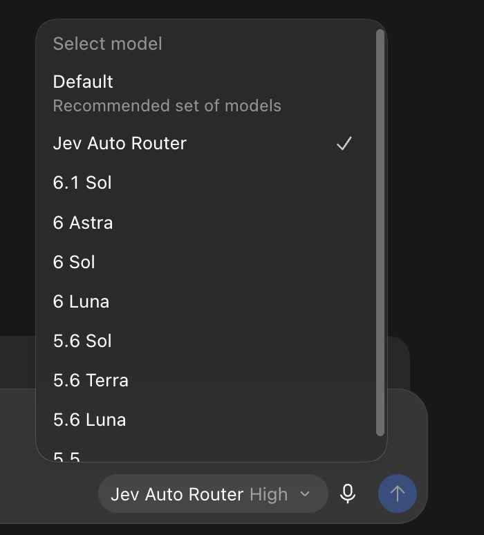Codex app model picker with Jev Auto Router selected